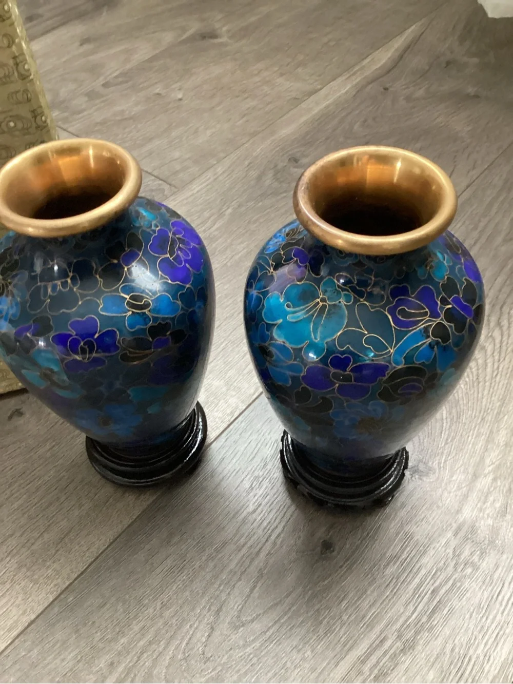 Blue Cloisonné Floral Vases by (Brand Unknown) - Pair